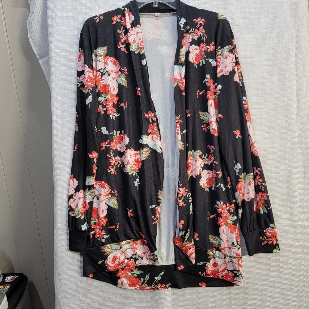Boho Floral Open Front Lightweight Kimono Cardigan - Large